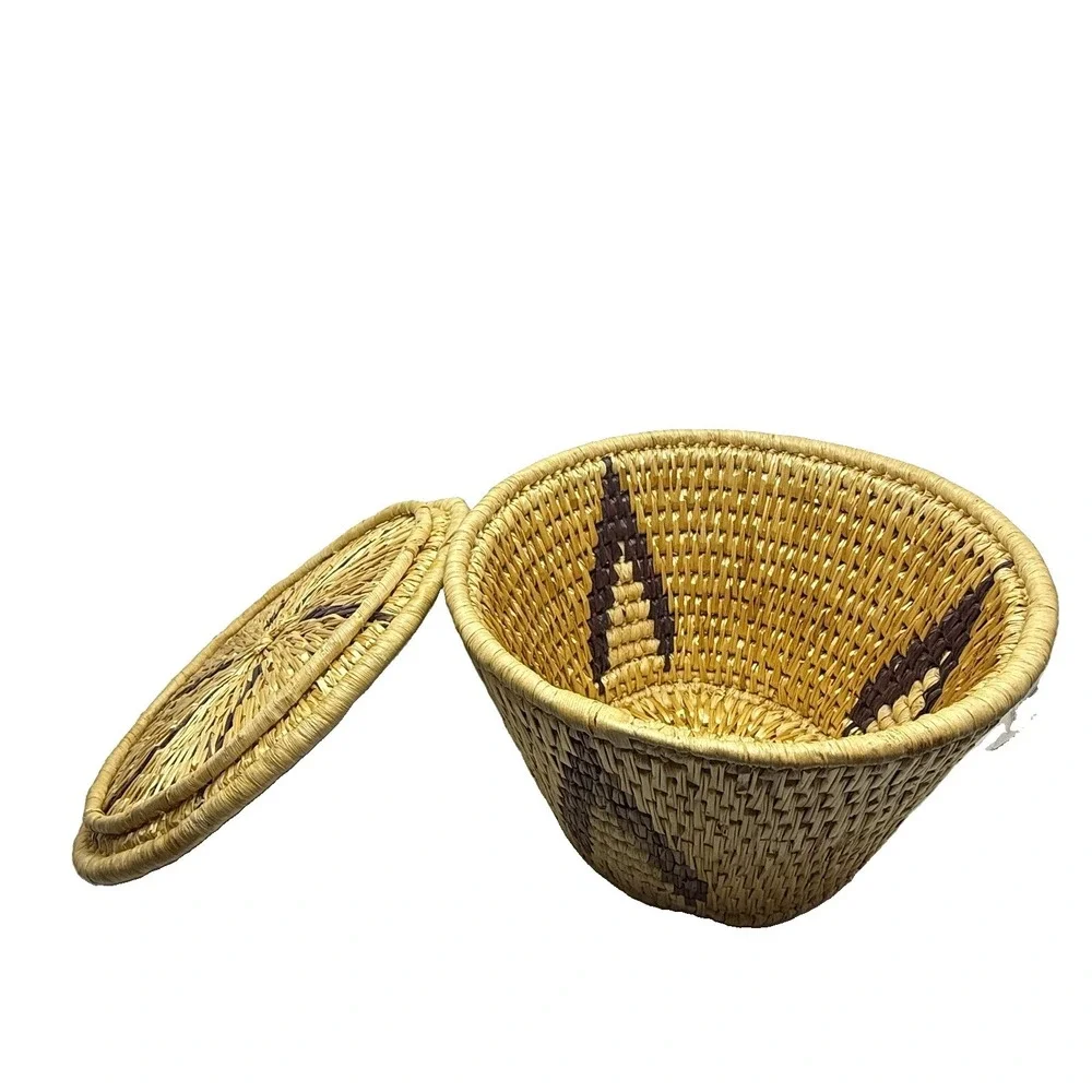 African Lidded Basket Handwoven Raffia Geometric Boho Afrohemian Decor Storage